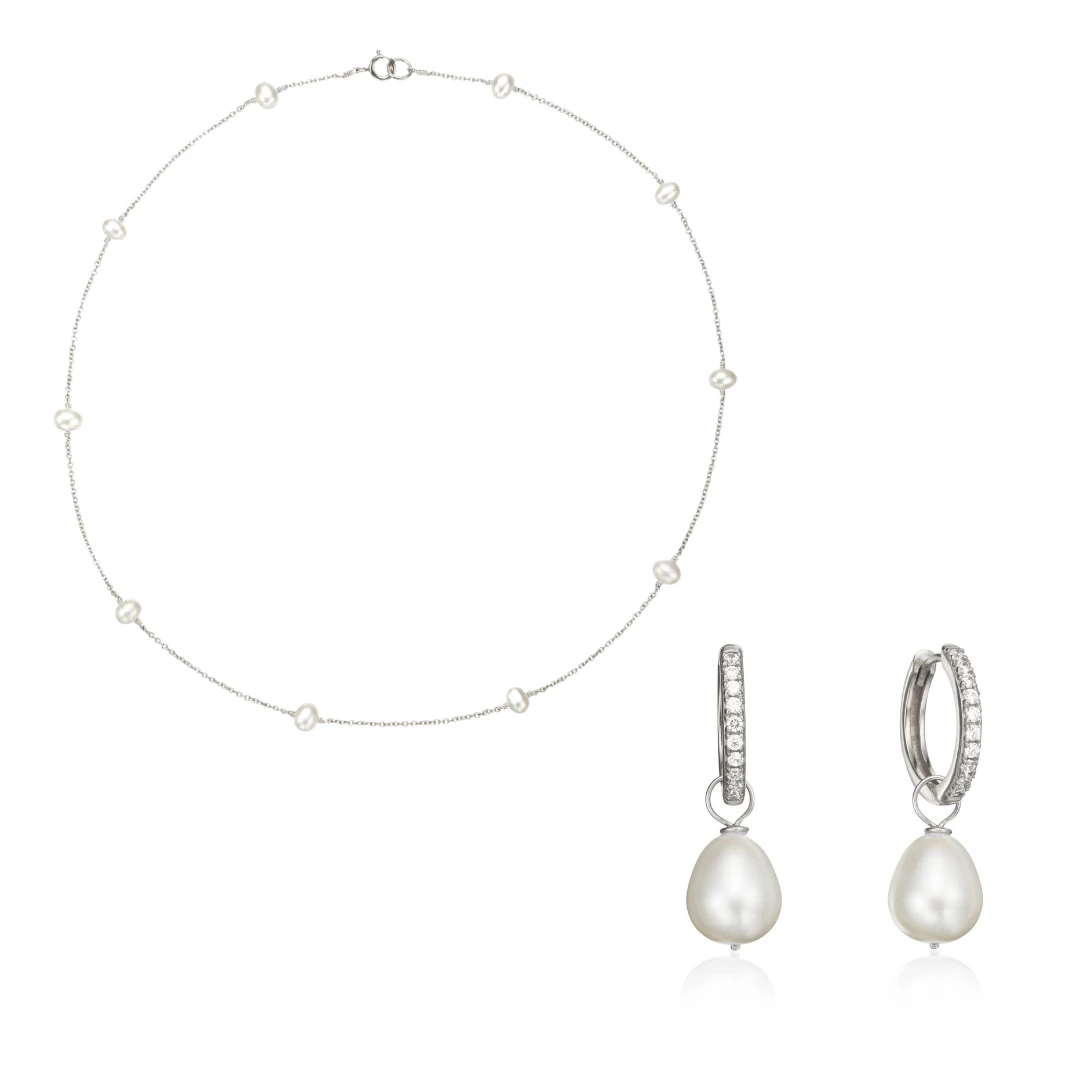 Silver Diamond Style Large Pearl Hoops And Ten Pearl Choker Set
