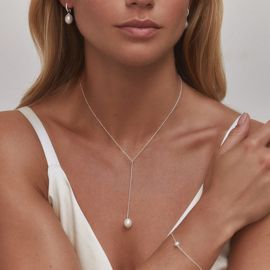 Silver Large Pearl Lariat Necklace - Image 2