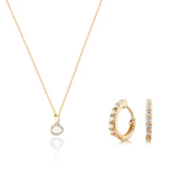 Gold Diamond Style Huggies And Single Pearl Necklace Set