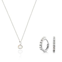 Silver Diamond Style Huggies And Single Pearl Necklace Set