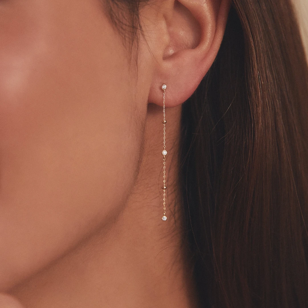 Gold Diamond Style Drop Satellite Stud Earrings - Image 5