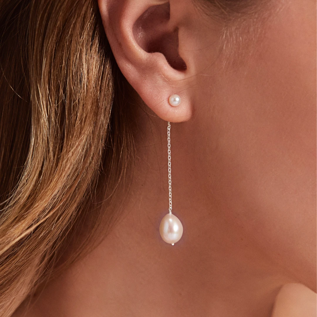 Silver Large And Small Pearl Drop Stud Earrings - Image 2