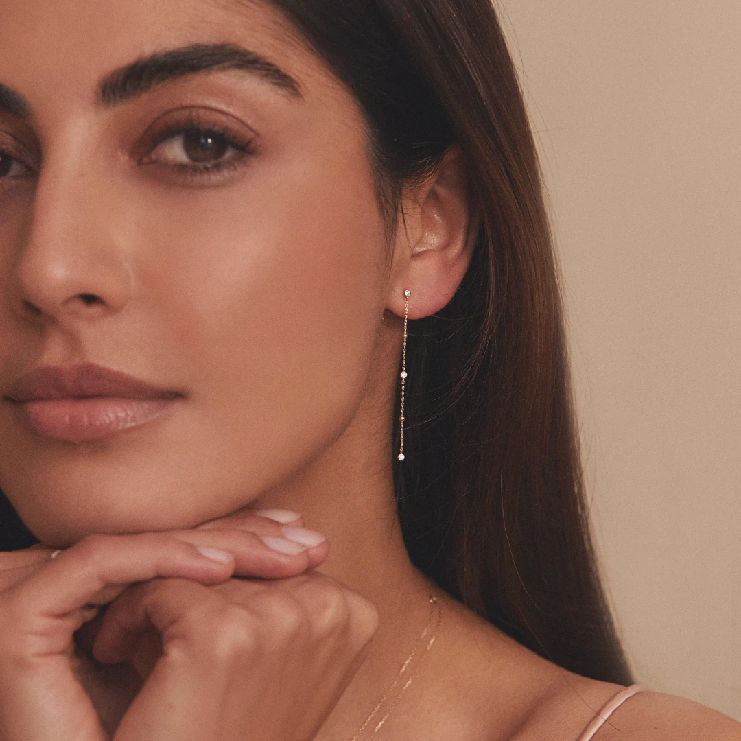 Gold Diamond Style Drop Satellite Stud Earrings - Image 3