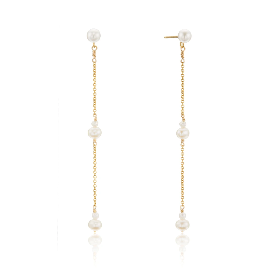 Gold Three Pearl Drop Earrings