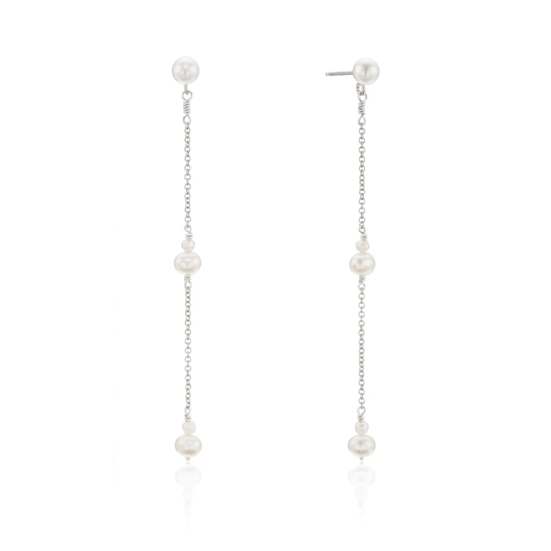 Silver Three Pearl Drop Earrings