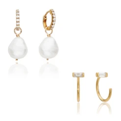 Gold Pearl Drop Huggies And Diamond Style Lobe Earrings Set