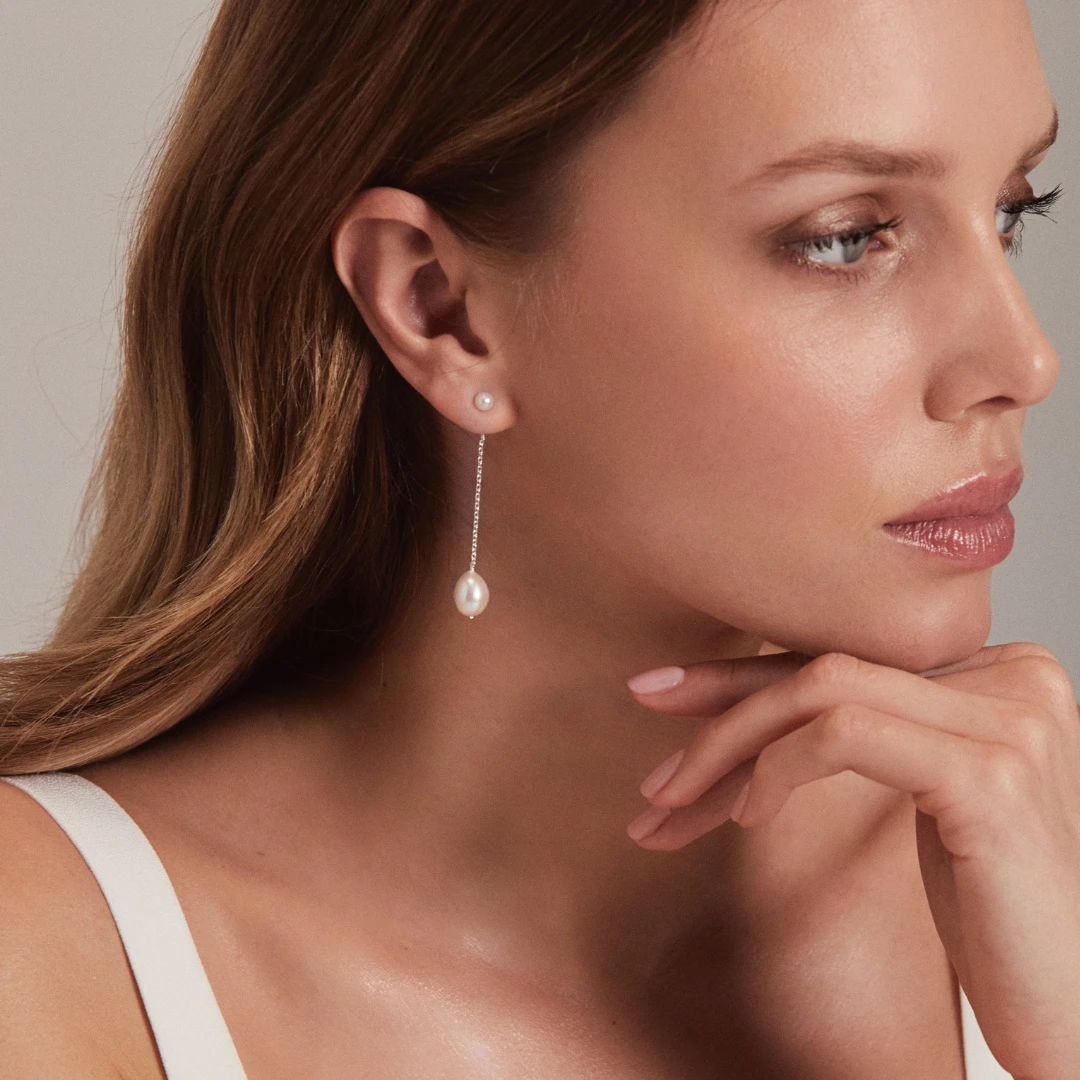 Silver Large And Small Pearl Drop Stud Earrings - Image 4