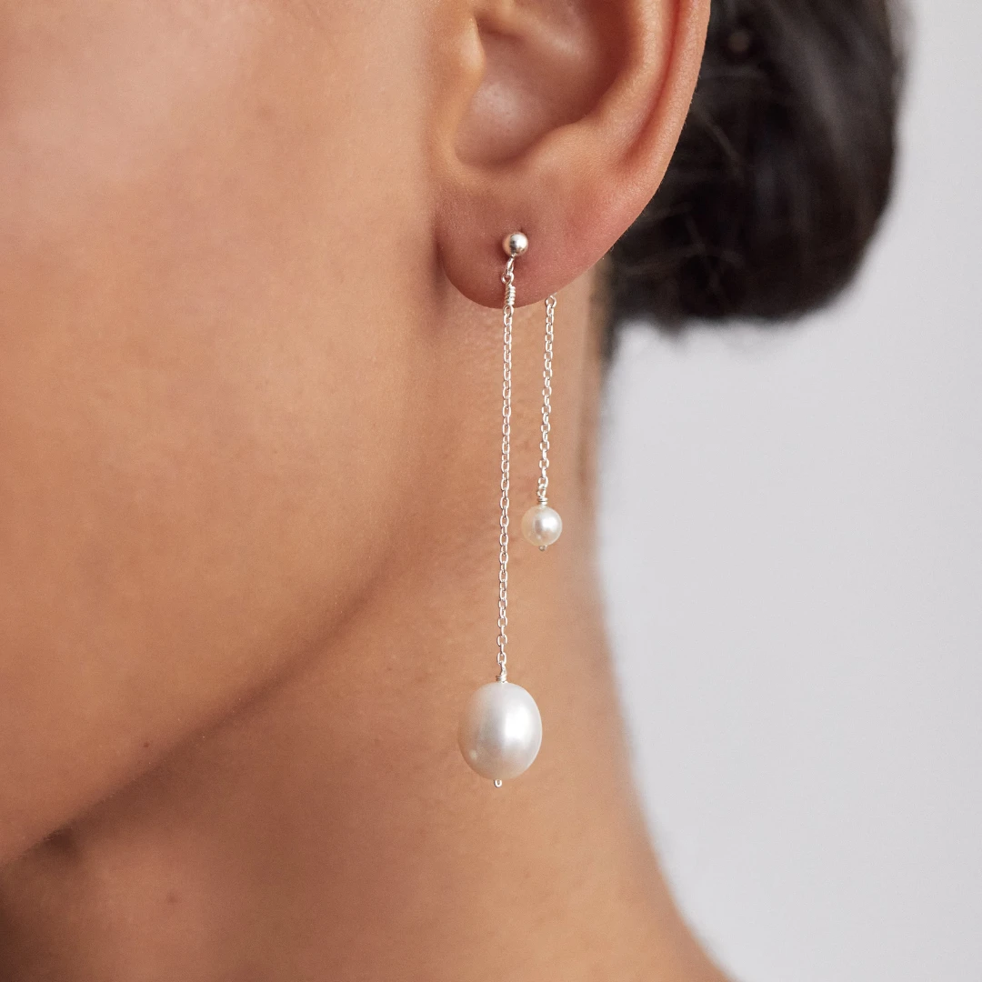 Solid White Gold Layered Large And Small Pearl Earrings - Image 2