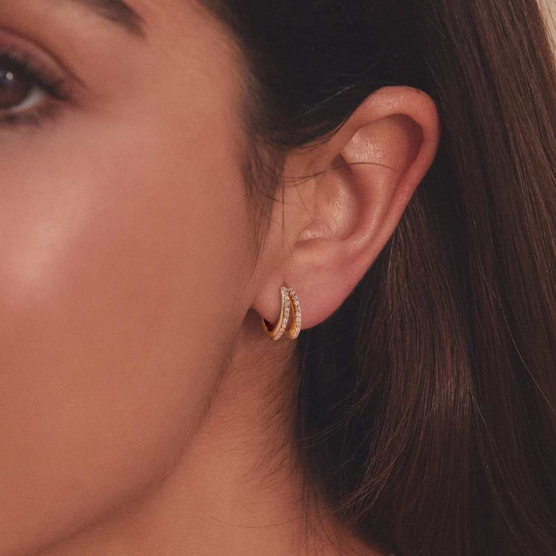 Gold Double Diamond Style Huggie Hoop Earrings - Image 2