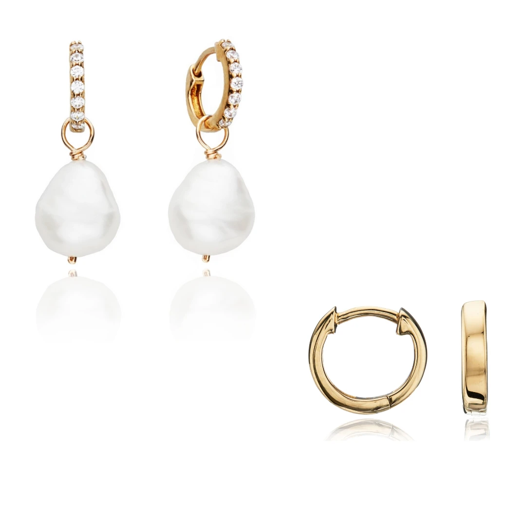 Gold Pearl Drop Huggies And Plain Huggies Earrings Set
