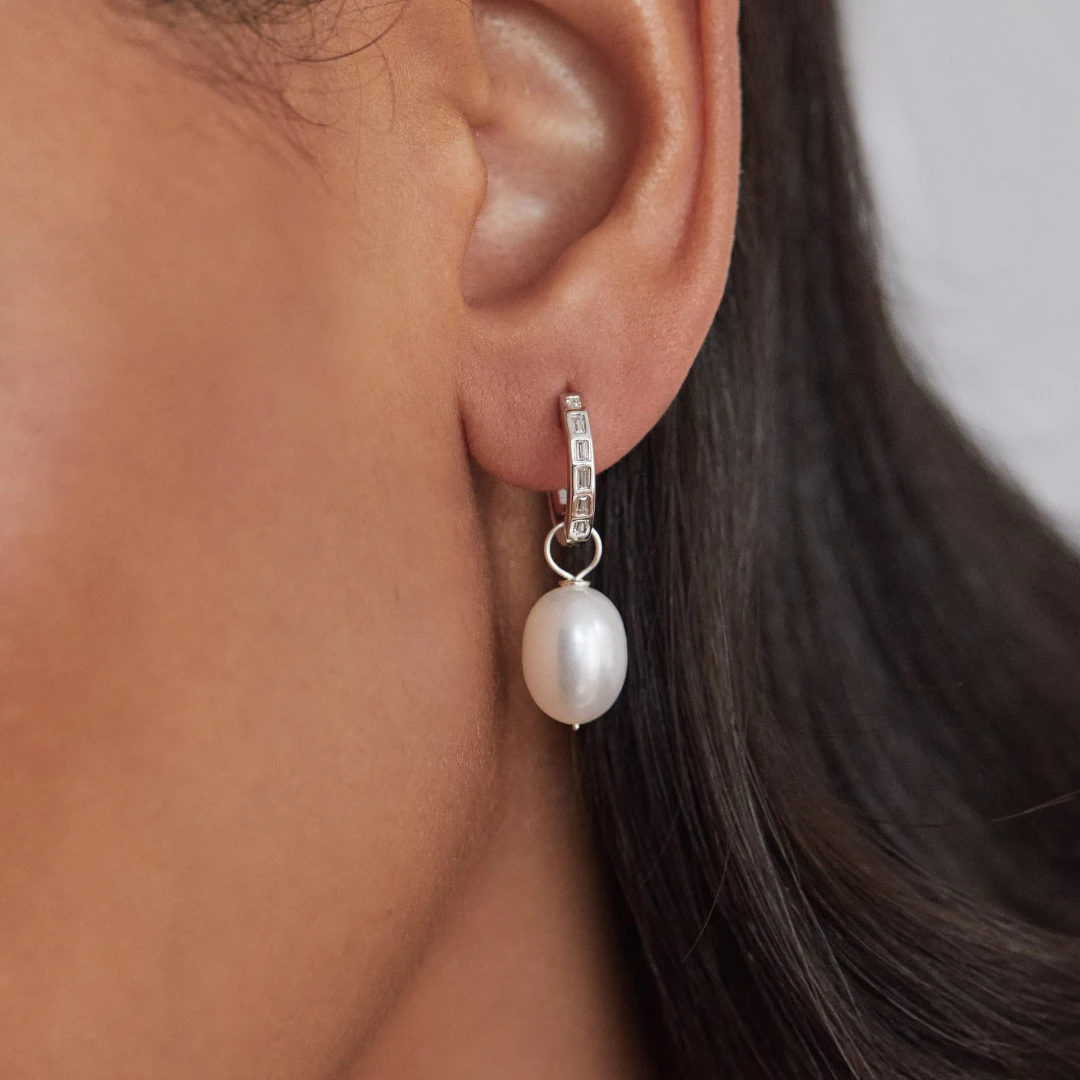 Silver Diamond Style Baguette Pearl Drop Hoop Earrings - Image 2
