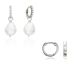 Silver Pearl Drop Huggies And Plain Huggies Earrings Set