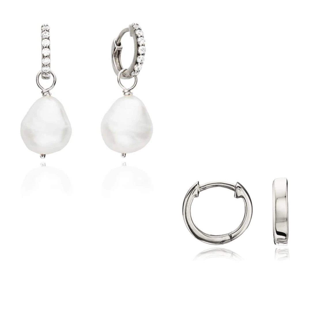 Silver Pearl Drop Huggies And Plain Huggies Earrings Set