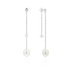Solid White Gold Layered Large And Small Pearl Earrings