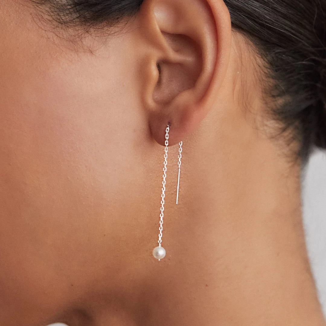 Silver Pearl Drop Ear Threaders - Image 2