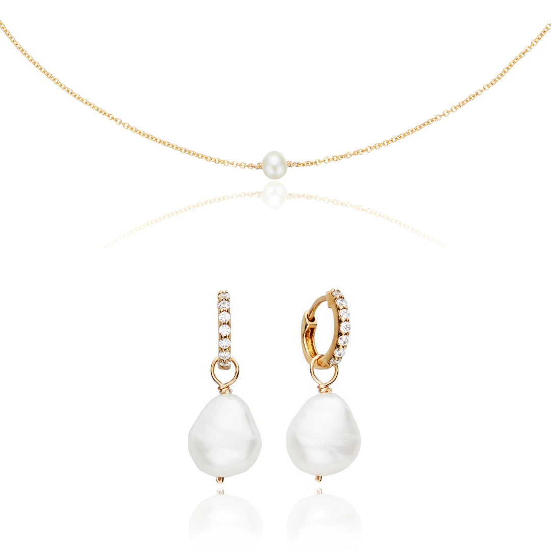 Gold Pearl Drop Huggies And Single Pearl Choker Set