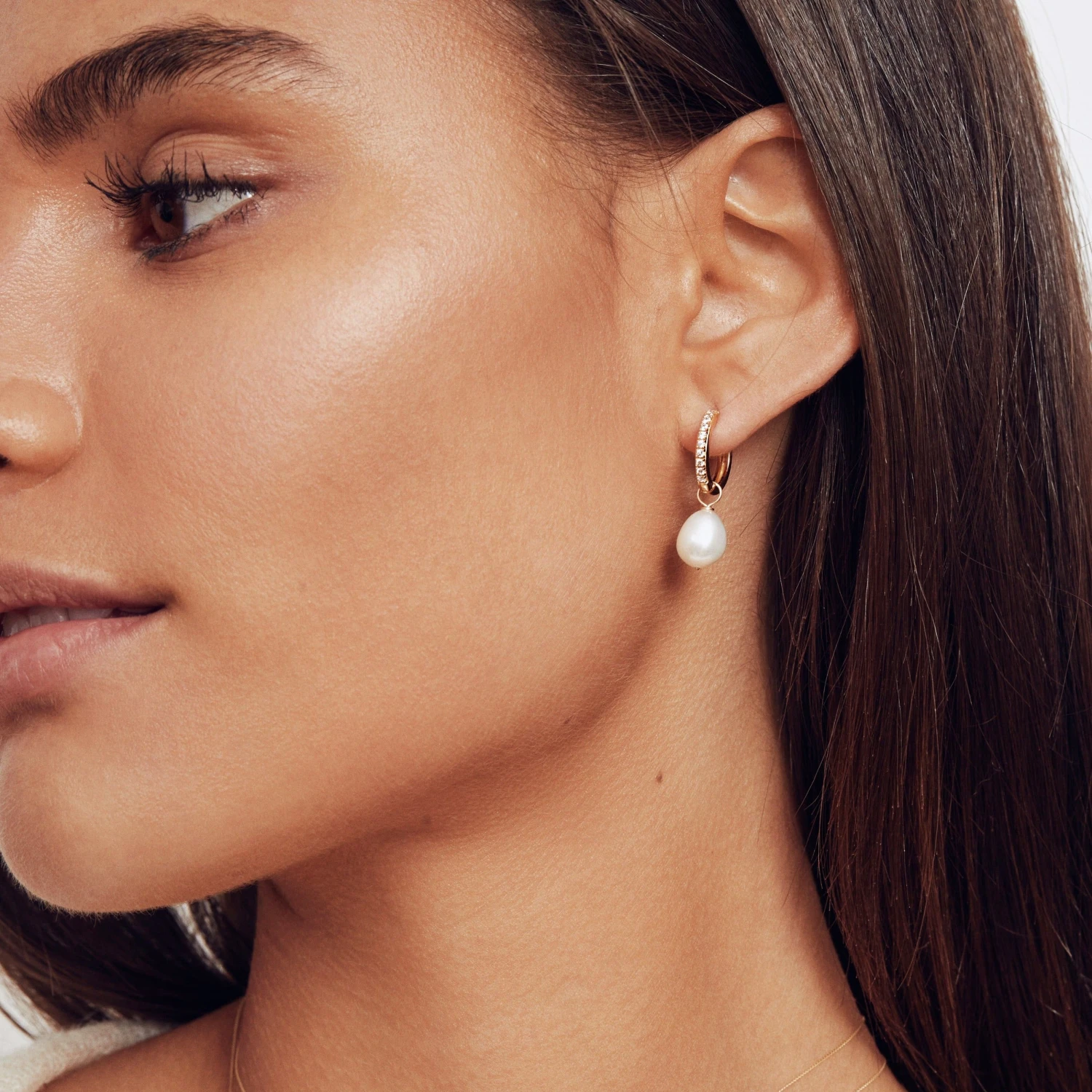 Gold Diamond Style Large Pearl Drop Hoop Earrings - Image 8