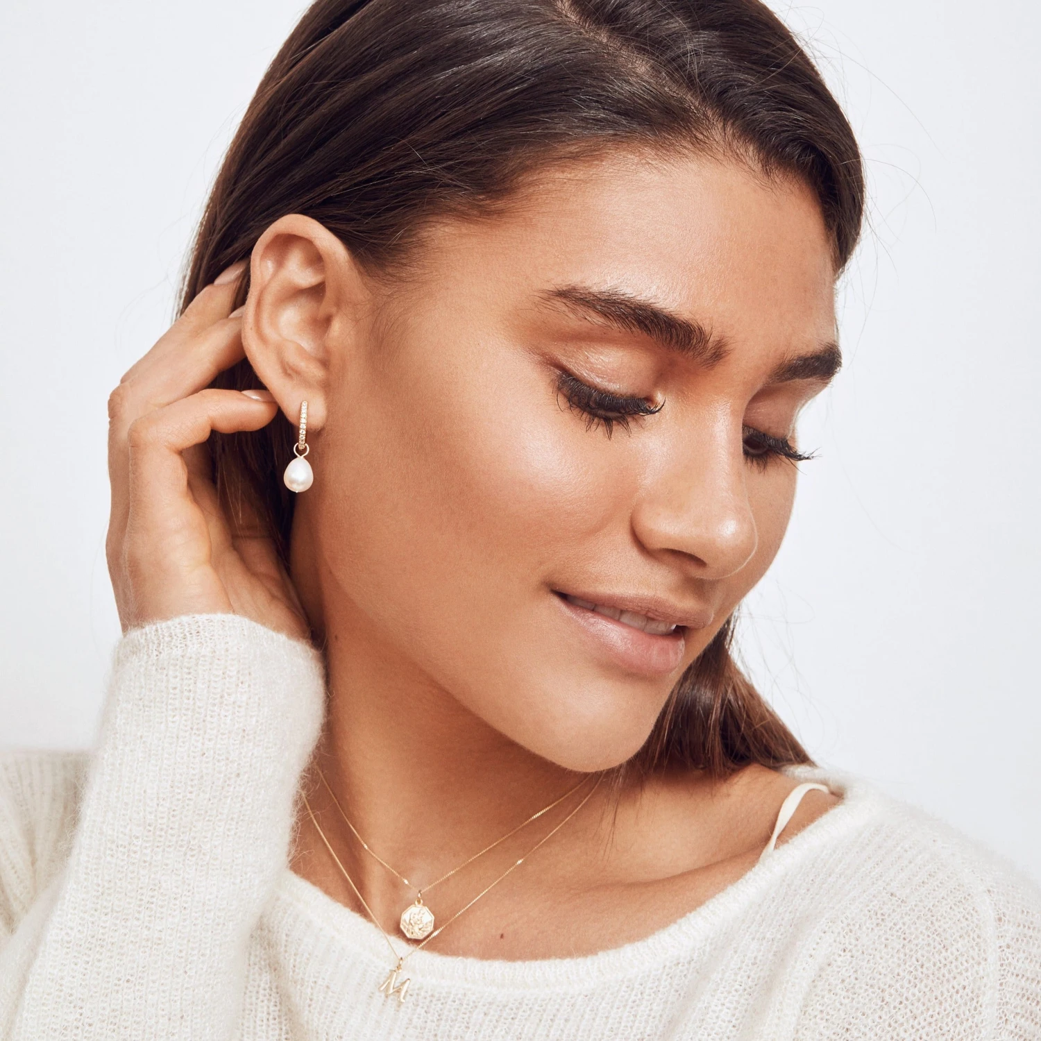 Gold Diamond Style Large Pearl Drop Hoop Earrings - Image 5