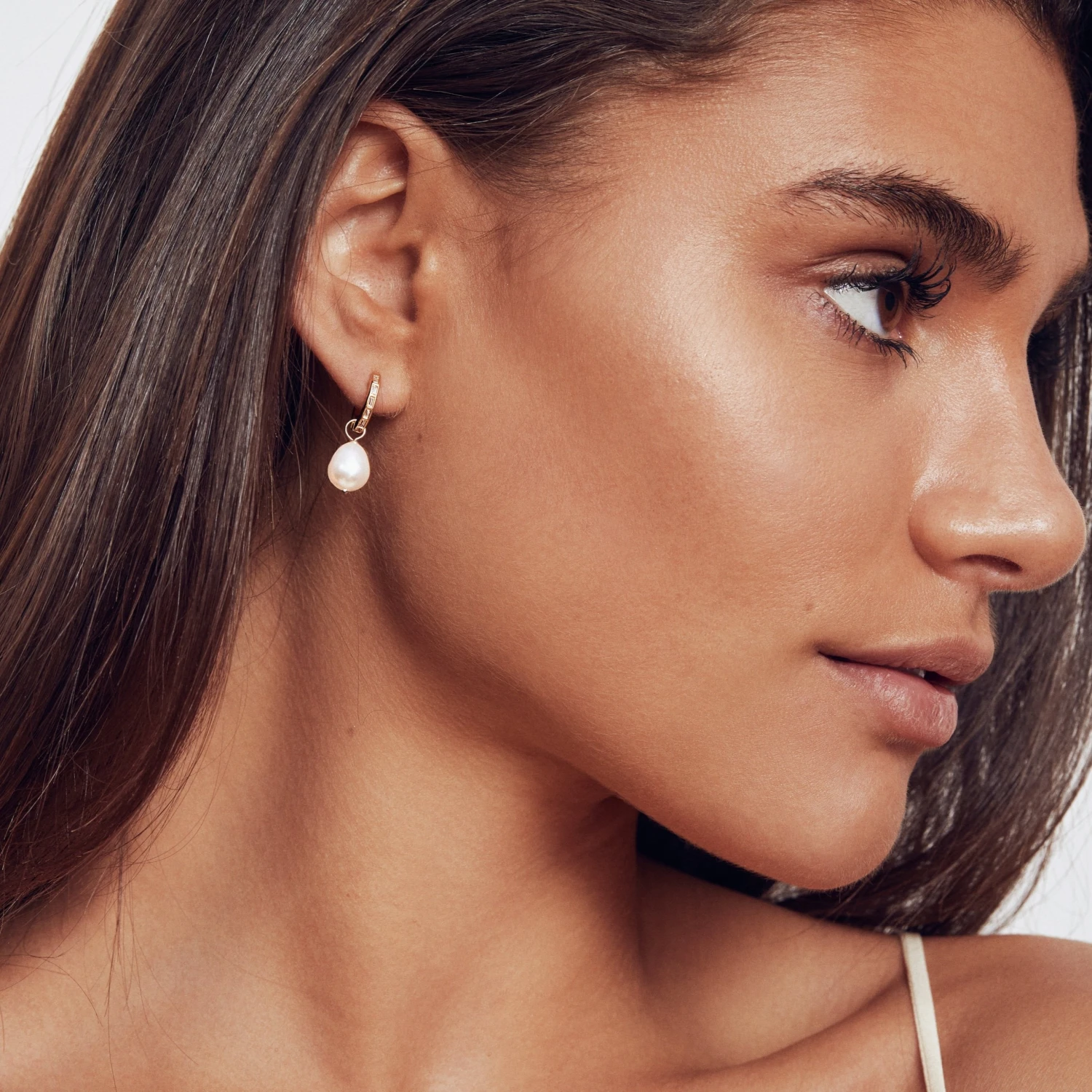 Gold Diamond Style Baguette Pearl Drop Hoop Earrings - Image 2