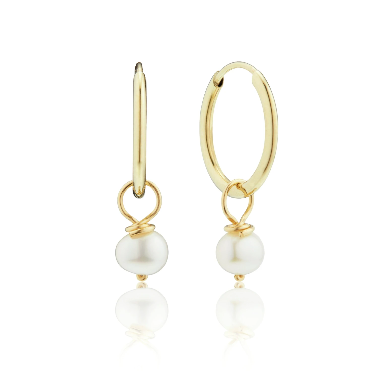 Solid Gold Small Pearl Drop Hoop Earrings