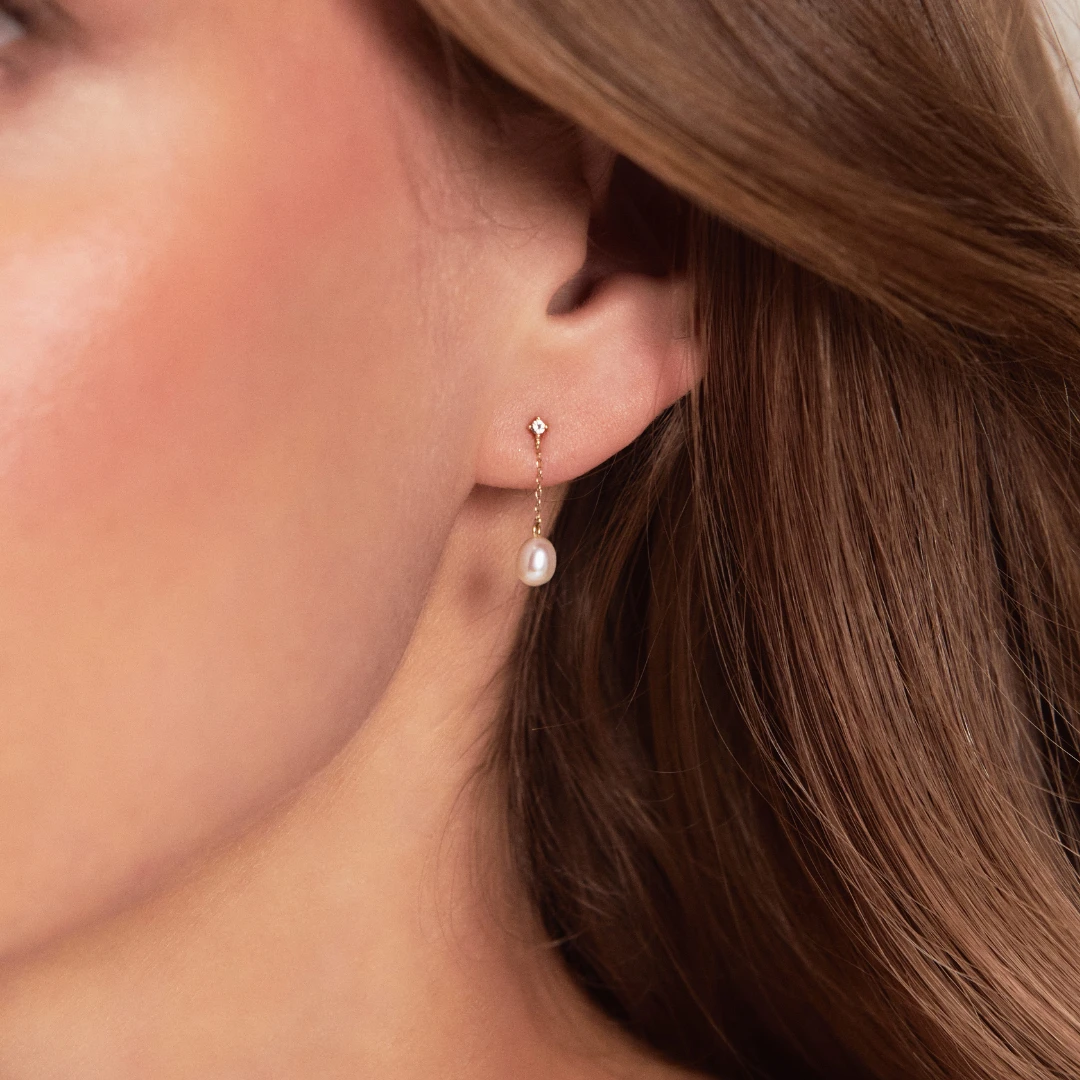 Gold Diamond Style Pearl Drop Stud Earrings - Image 2