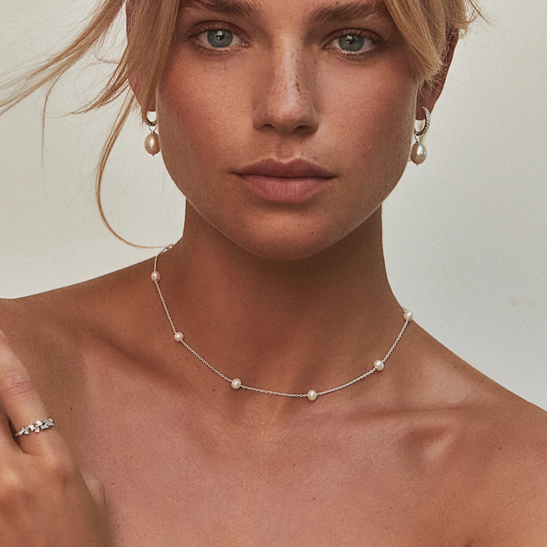 Silver Diamond Style Large Pearl Hoops And Ten Pearl Choker Set - Image 2