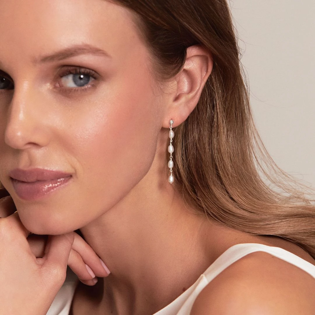 Silver Four Seed Pearl Drop Earrings - Image 2