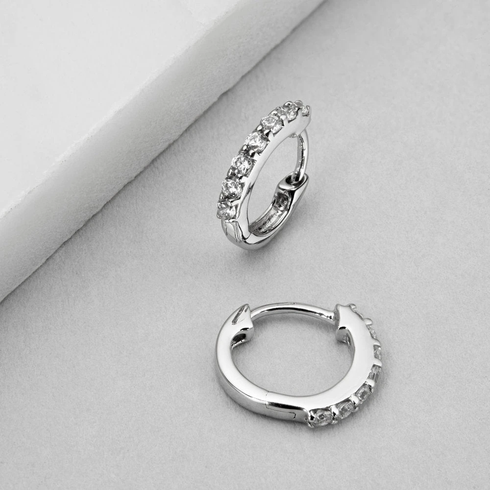 Silver Diamond Style Huggie Hoop Earrings - Image 5