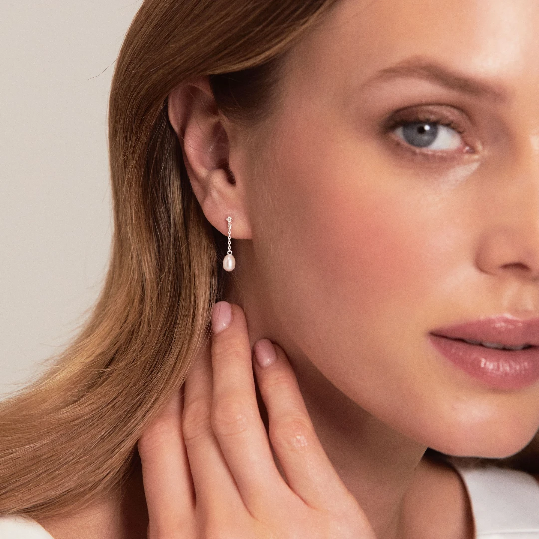 Silver Diamond Style Pearl Drop Stud Earrings - Image 3