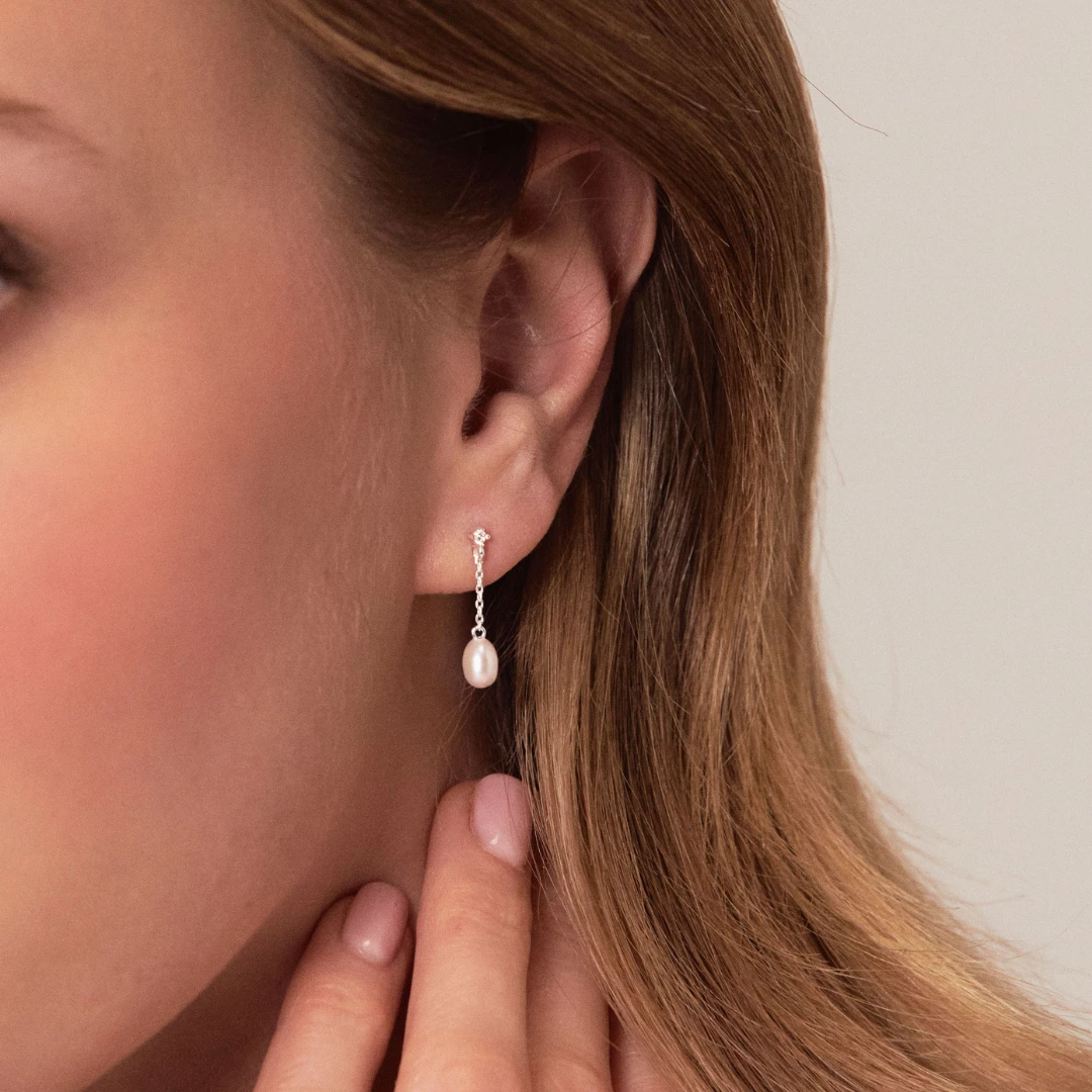 Silver Diamond Style Pearl Drop Stud Earrings - Image 2