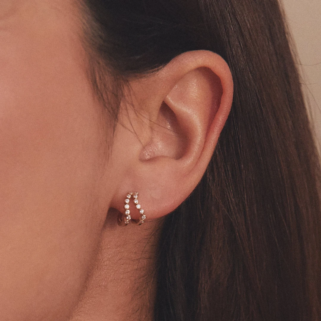 Gold Double Diamond Style Wave Huggie Hoops Earrings - Image 3