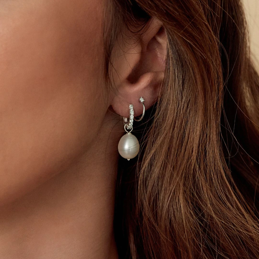 Solid White Gold Genuine Diamond Huggie Pearl Drop Earrings - Image 3