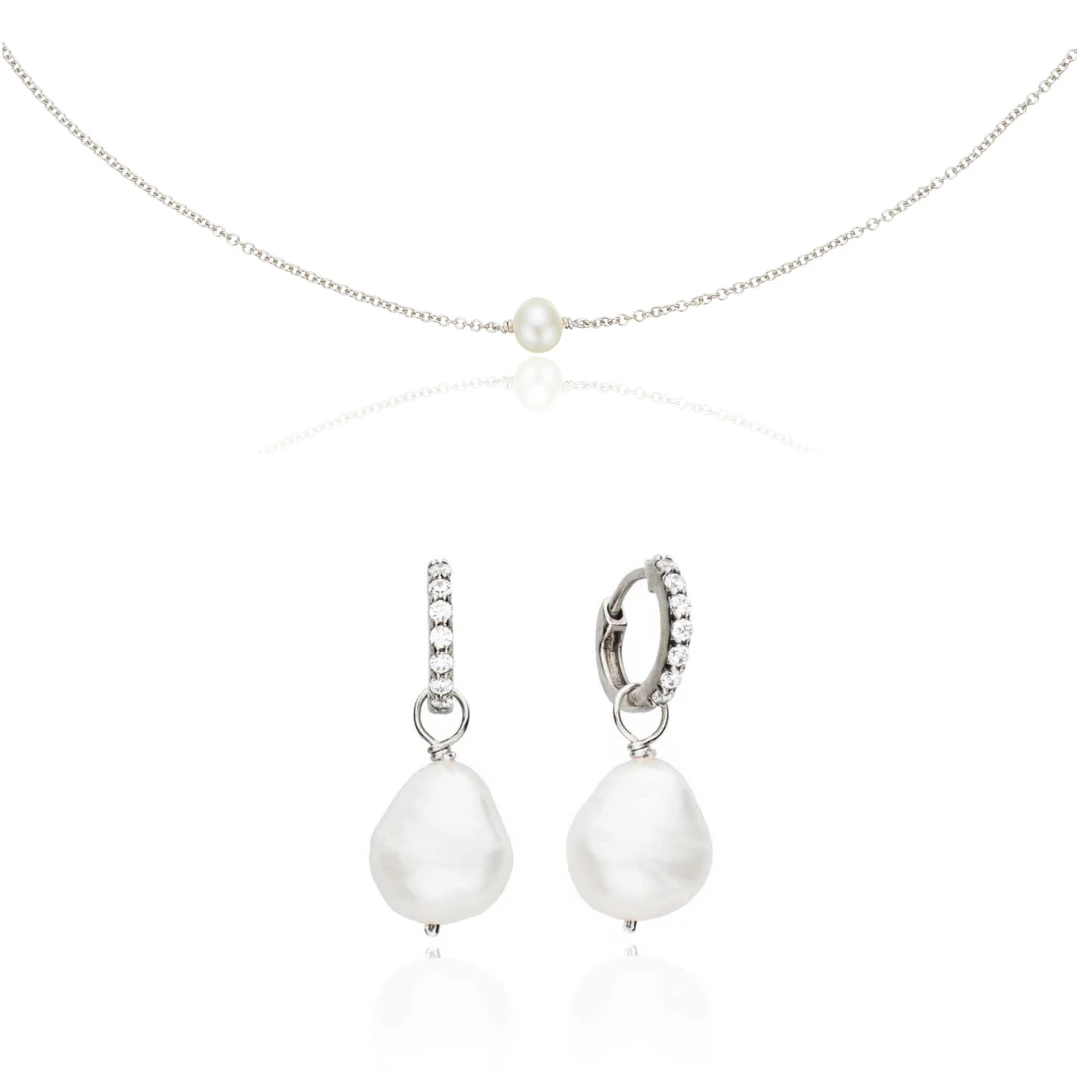 Silver Pearl Drop Huggies And Single Pearl Choker Set