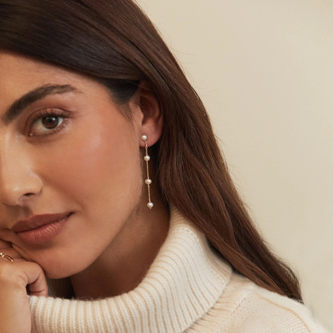 Gold Four Pearl Drop Earrings - Image 3