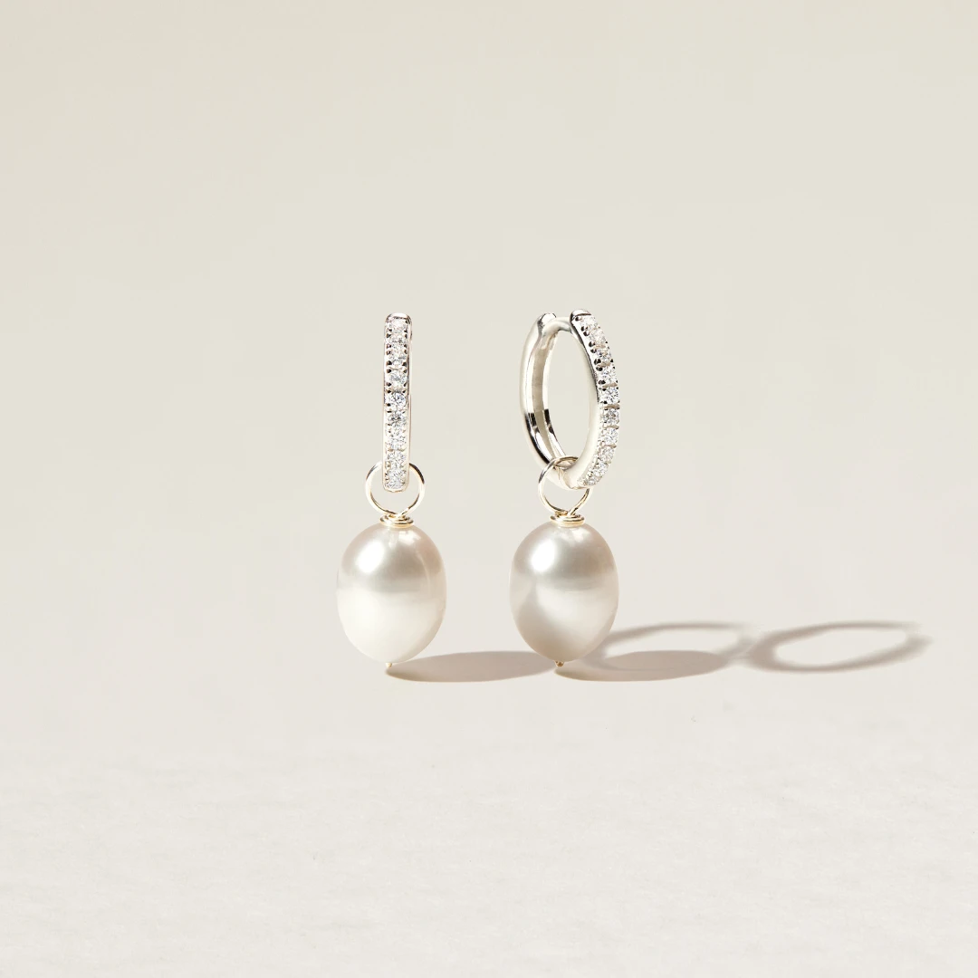 Silver Diamond Style Large Pearl Drop Hoop Earrings - Image 4