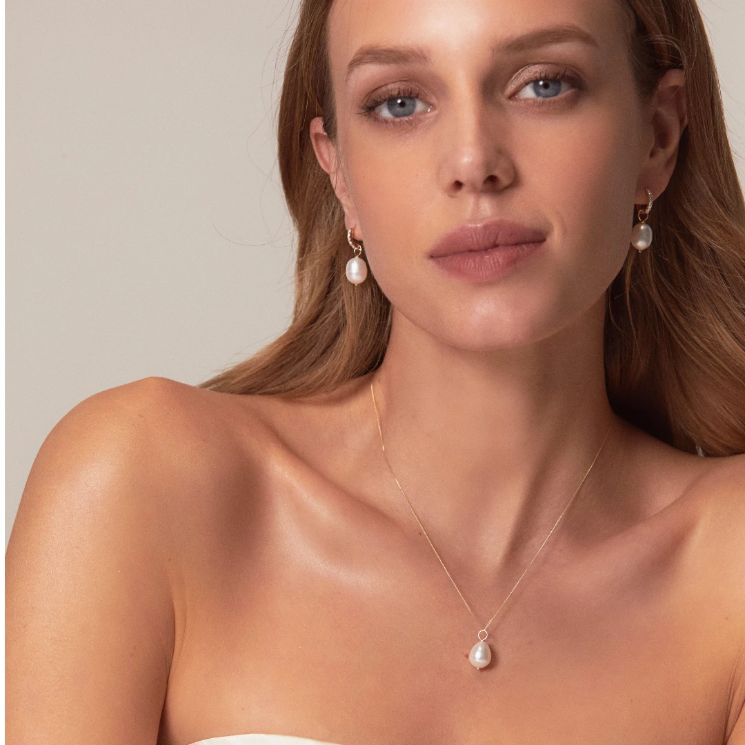 Silver Pearl Drop Huggies And Large Pearl Necklace Set - Image 2