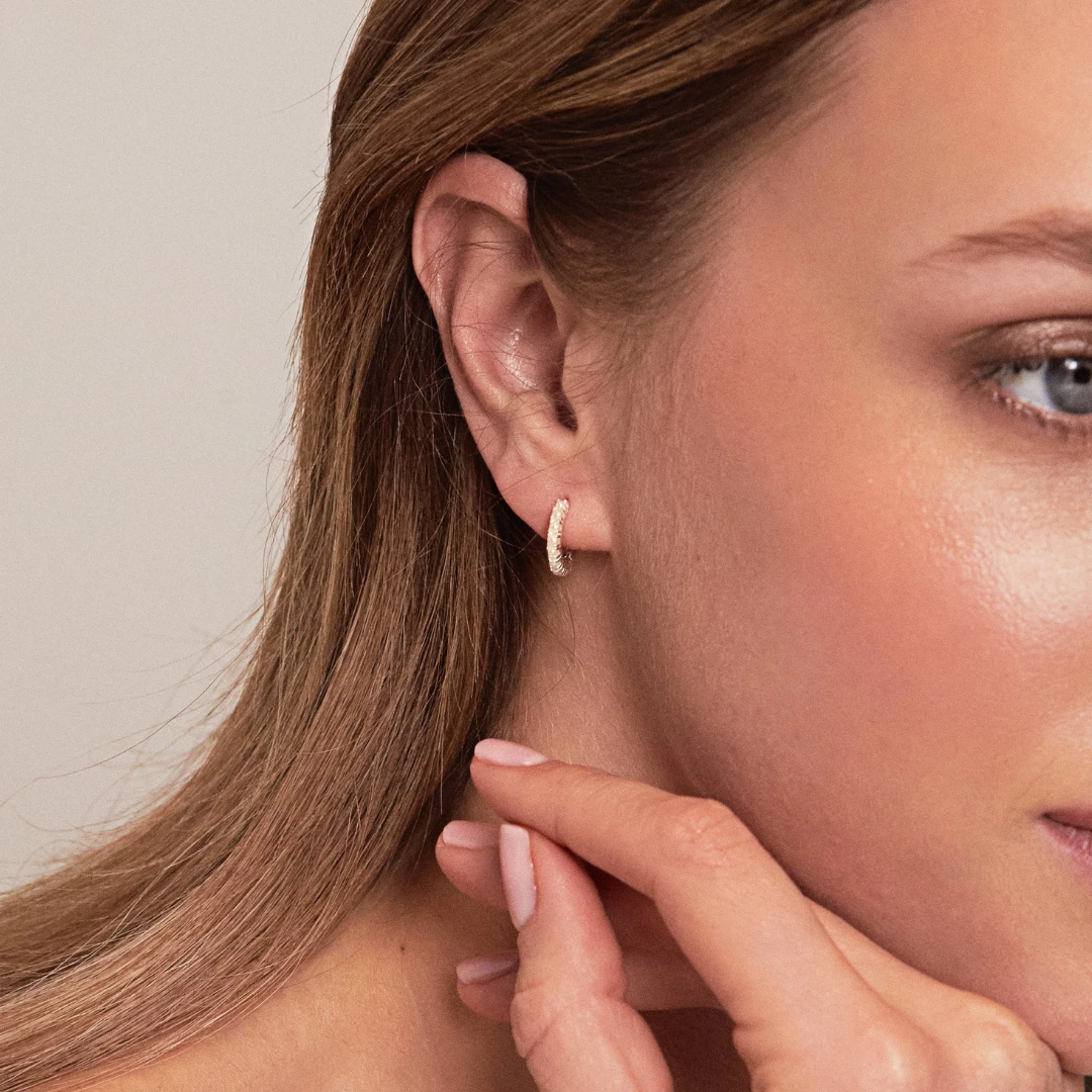 Silver Pearl Row Huggie Hoop Earrings - Image 3