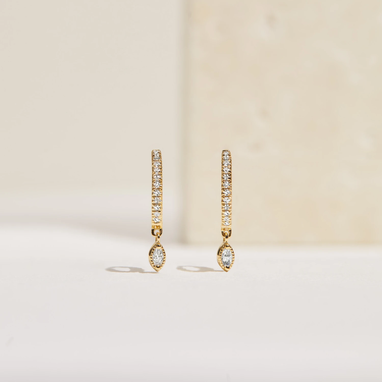 Gold Marquise Diamond Drop Hoop Earrings - Image 3