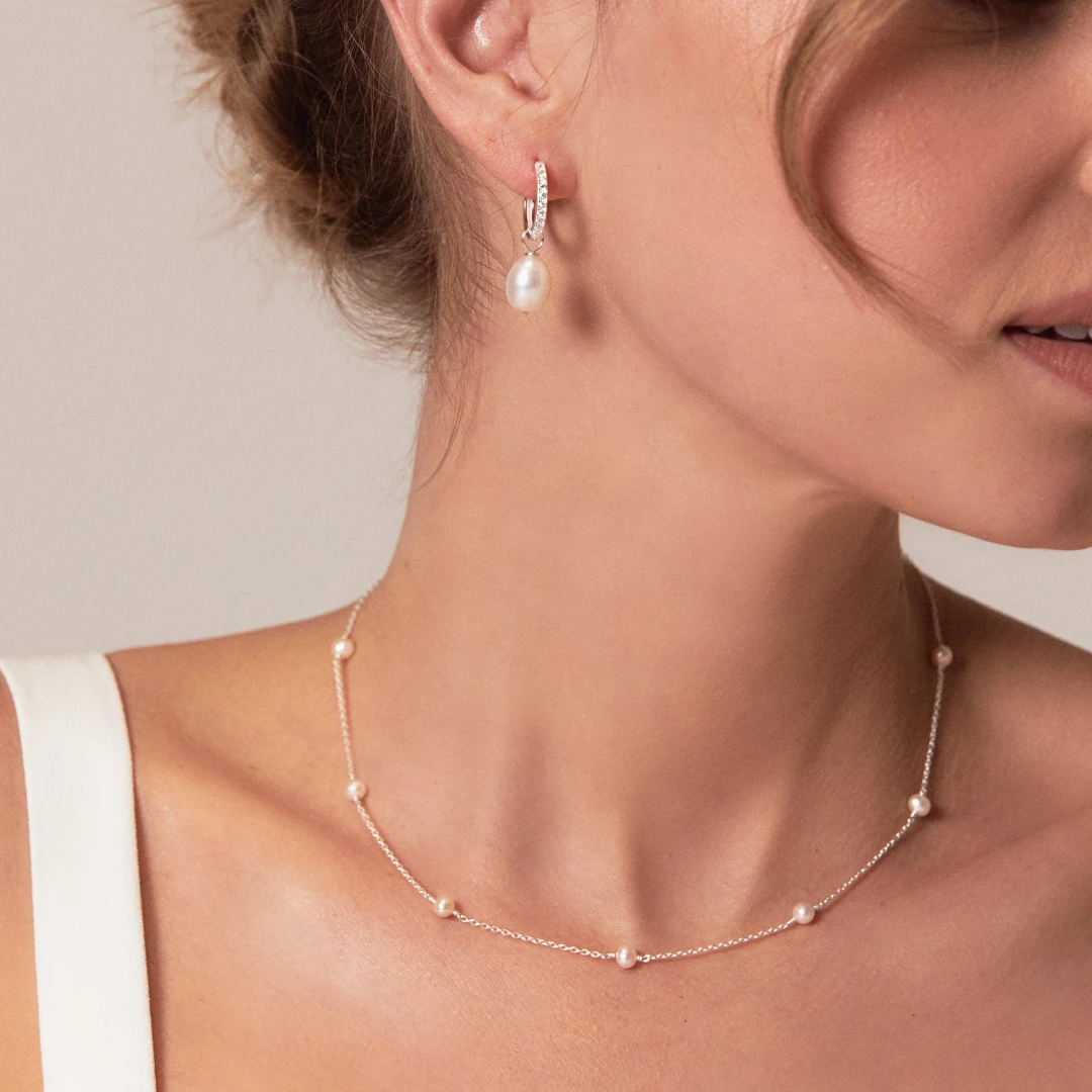 Silver Diamond Style Large Pearl Hoops And Ten Pearl Choker Set - Image 3