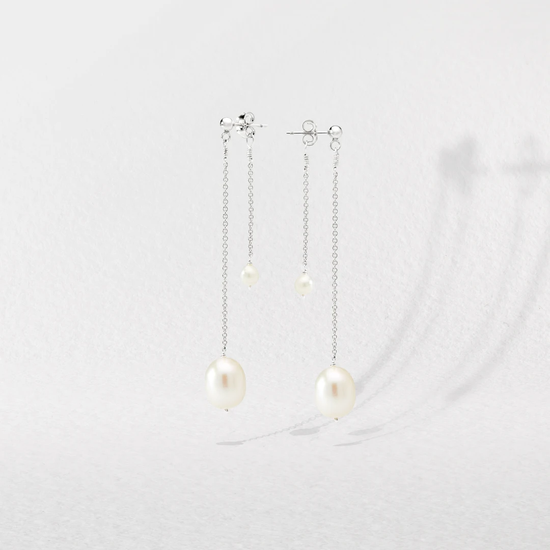 Solid White Gold Layered Large And Small Pearl Earrings - Image 4