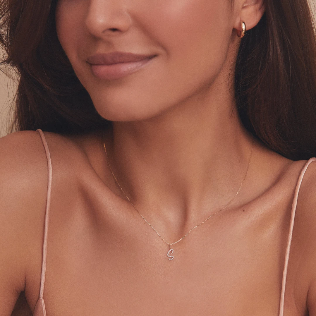 Gold Diamond Style Curve Initial Letter Necklace - Image 2