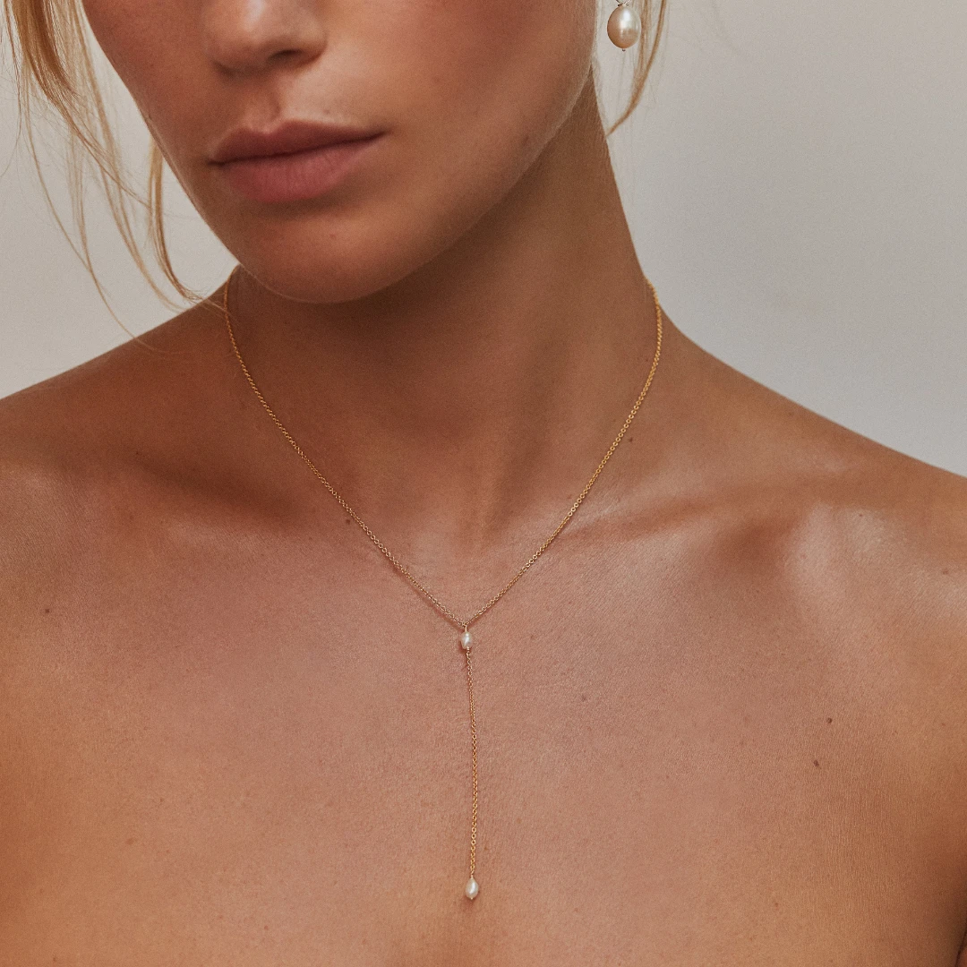 Solid White Gold Double Seed Pearl Lariat Necklace - Image 3