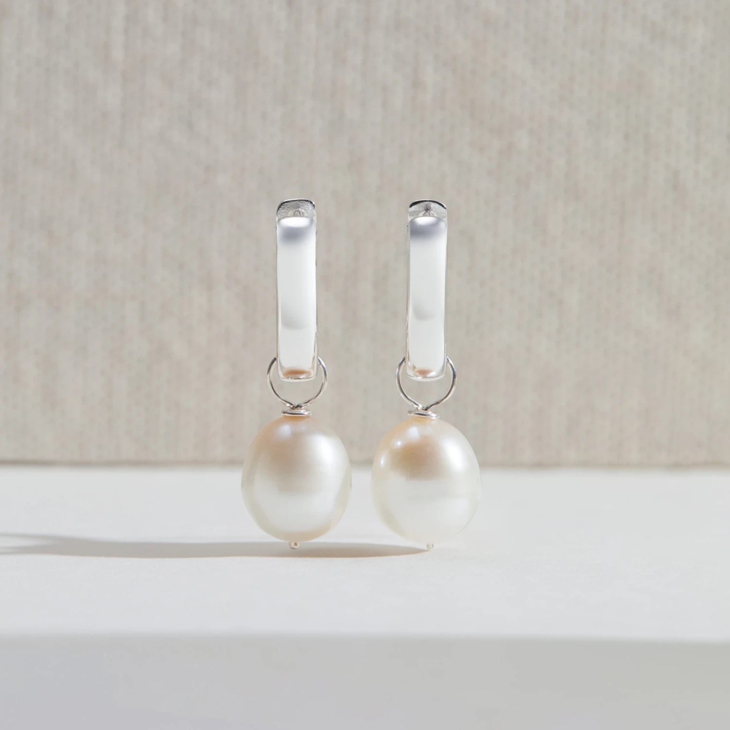 Silver Thick Squared Hoop Pearl Drop Earrings - Image 3