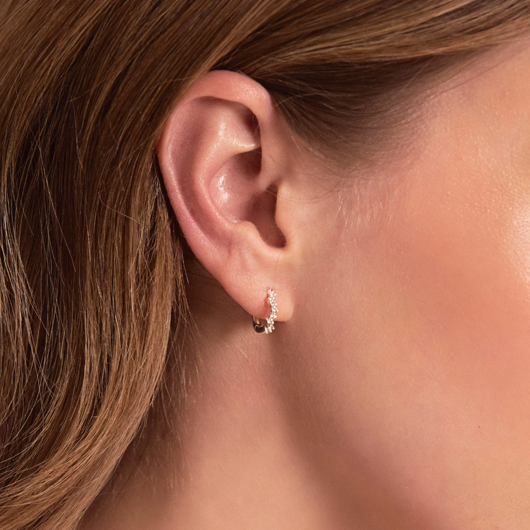 Silver Curved Diamond Style Huggie Hoop Earrings - Image 2