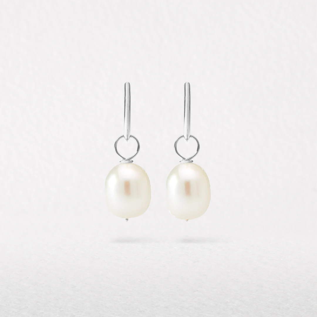 Silver Large Pearl Drop Hoop Earrings - Image 3