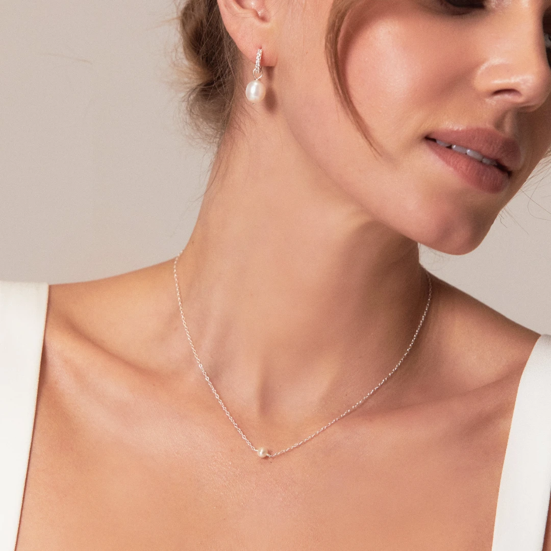 Silver Pearl Drop Huggies And Single Pearl Choker Set - Image 2