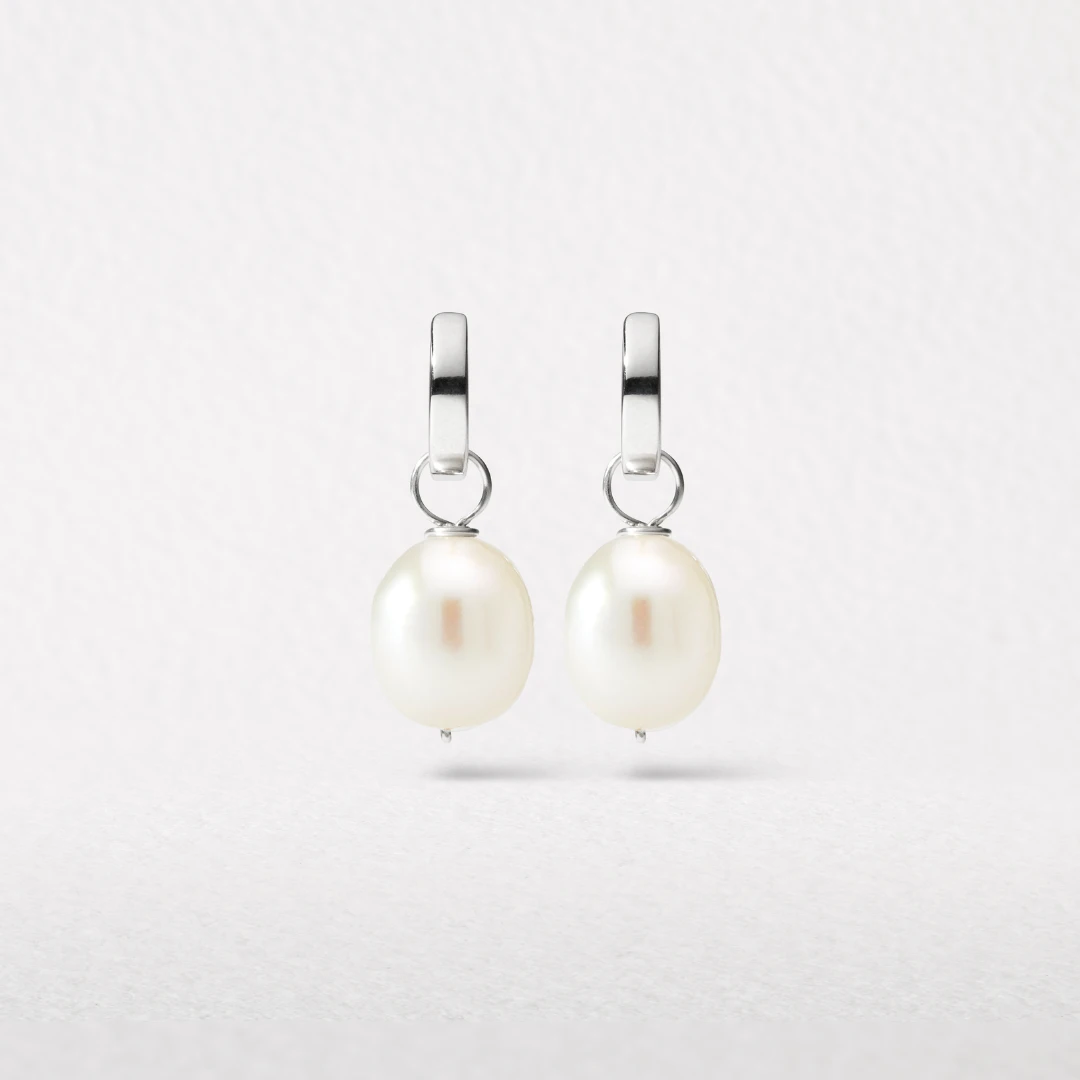 Silver Plain Huggie Pearl Drop Hoop Earrings - Image 3