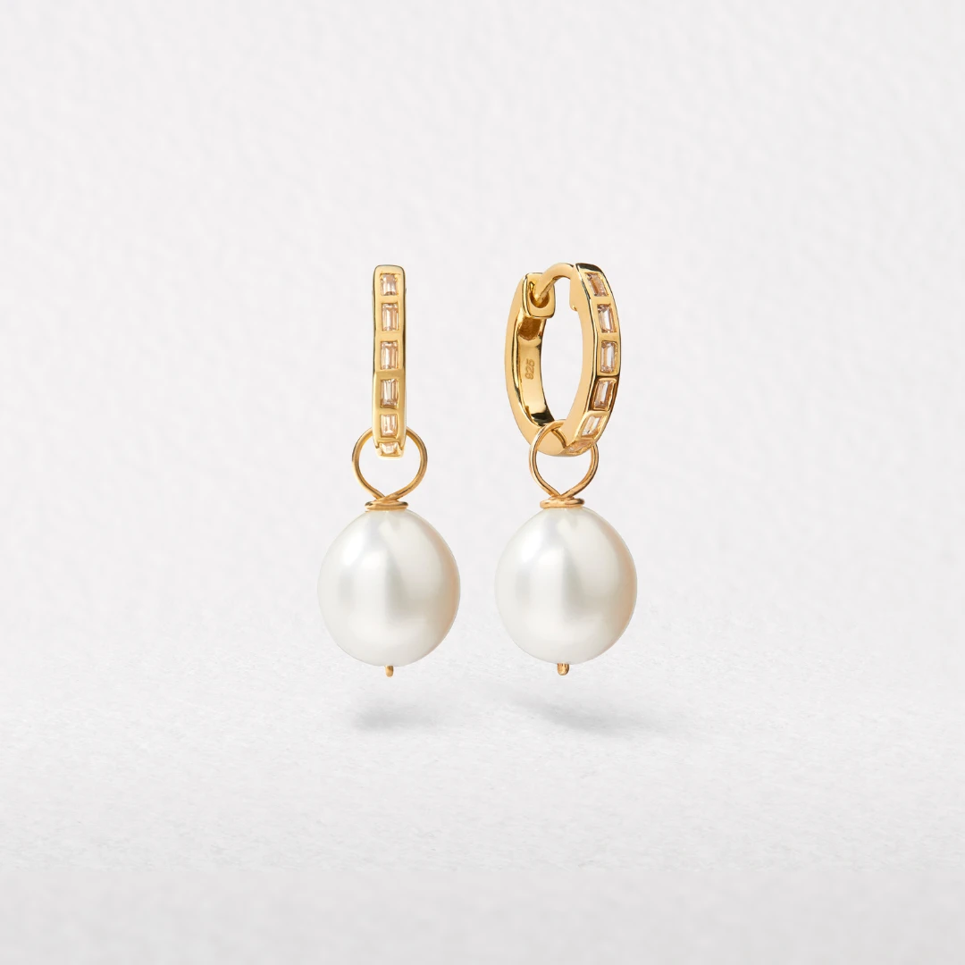 Gold Diamond Style Baguette Pearl Drop Hoop Earrings - Image 3