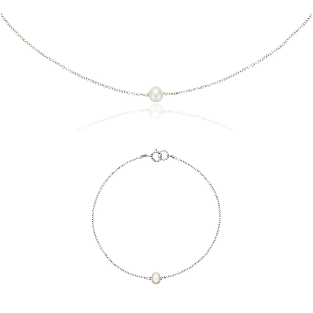Silver Single Pearl Choker And Bracelet Set