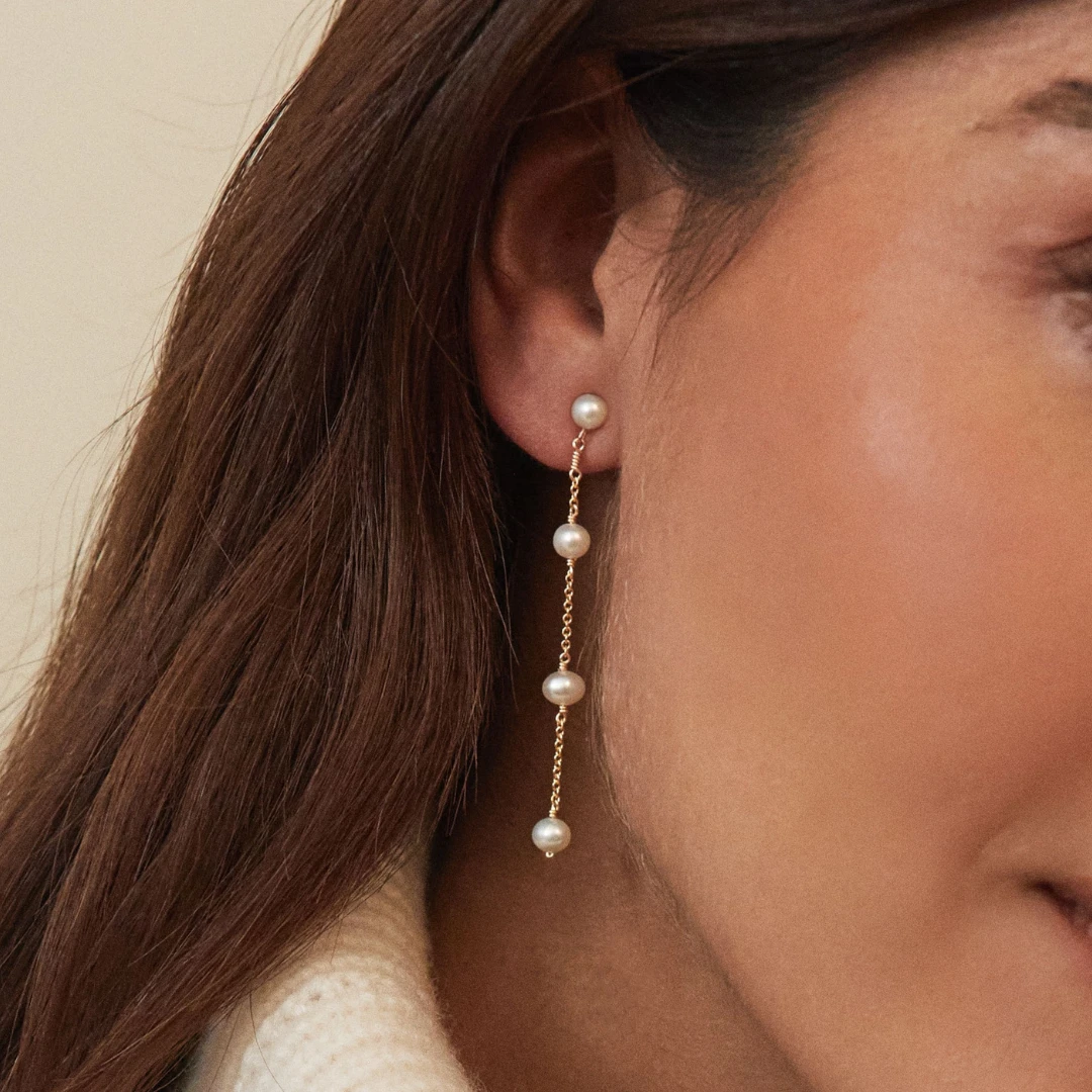 Gold Four Pearl Drop Earrings - Image 4